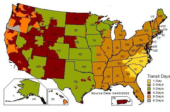 Map of UPS transit time from Charlotte, NC
