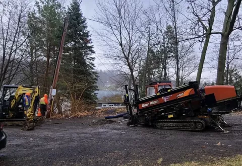 Drill crew installing electric service from Leroy Island to Crescent Beach, under Sodus Bay in Huron, NY.