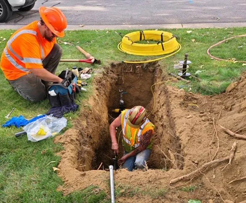 two team members working in a trench from burrows bros in rochester ny