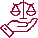 Outline of a hand holding balanced scales, symbolizing justice and legal protection.