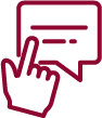 A hand icon points to a speech bubble with lines of text inside, outlined in maroon.