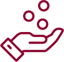 A hand facing up with three coins falling into it, depicted in a simple maroon outline.