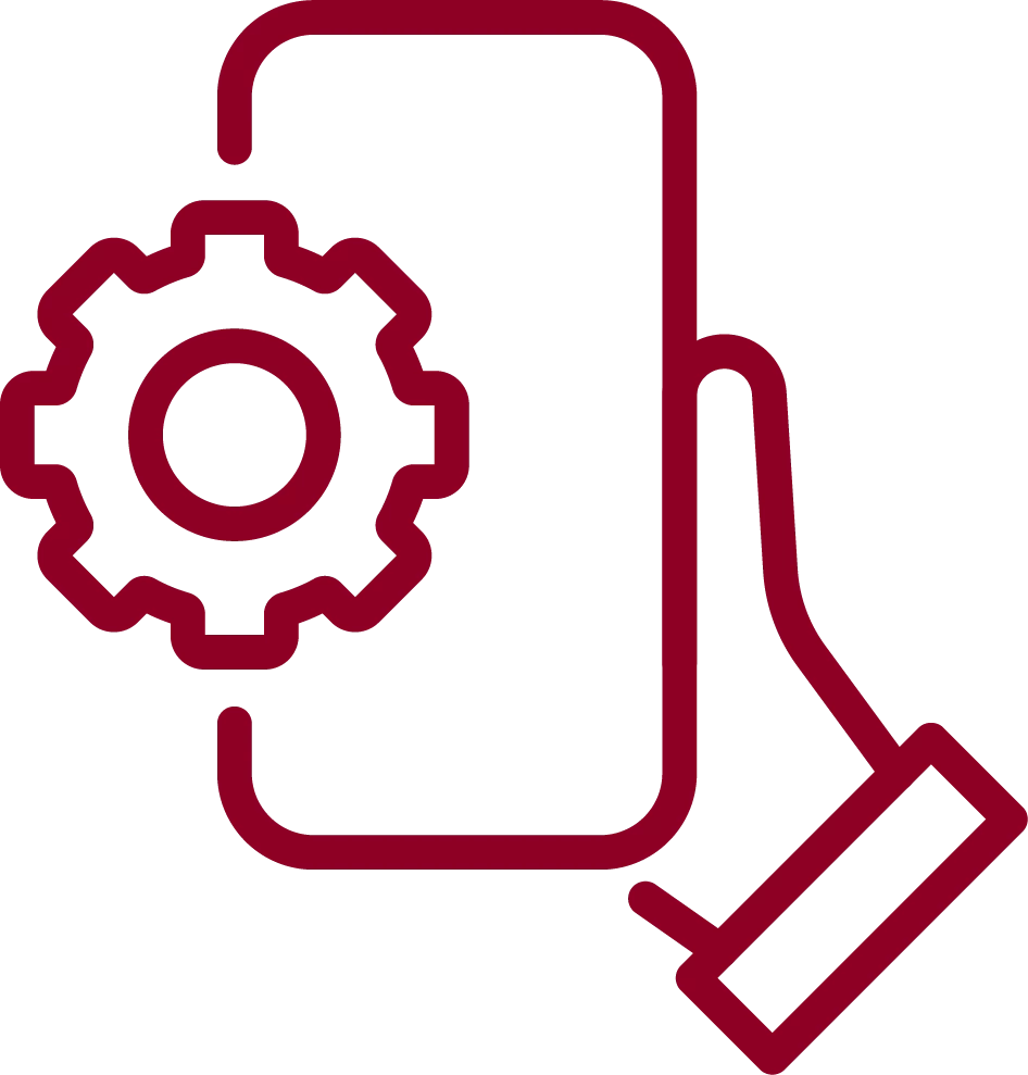 Maroon outline of a hand holding a smartphone with a gear icon, symbolizing phone settings.
