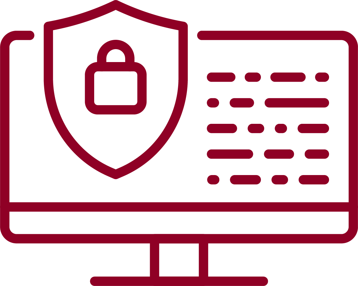 Red outline of a computer monitor with a shield and padlock symbol, representing cybersecurity.