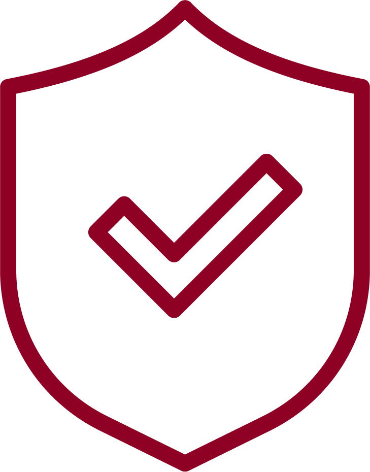 A maroon shield outline with a maroon checkmark inside, symbolizing security or protection.