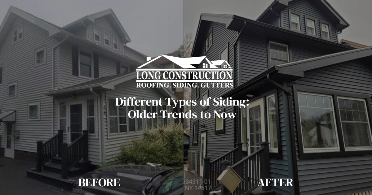 before and after of a home's siding with long construction "different types of siding: older trends to now"