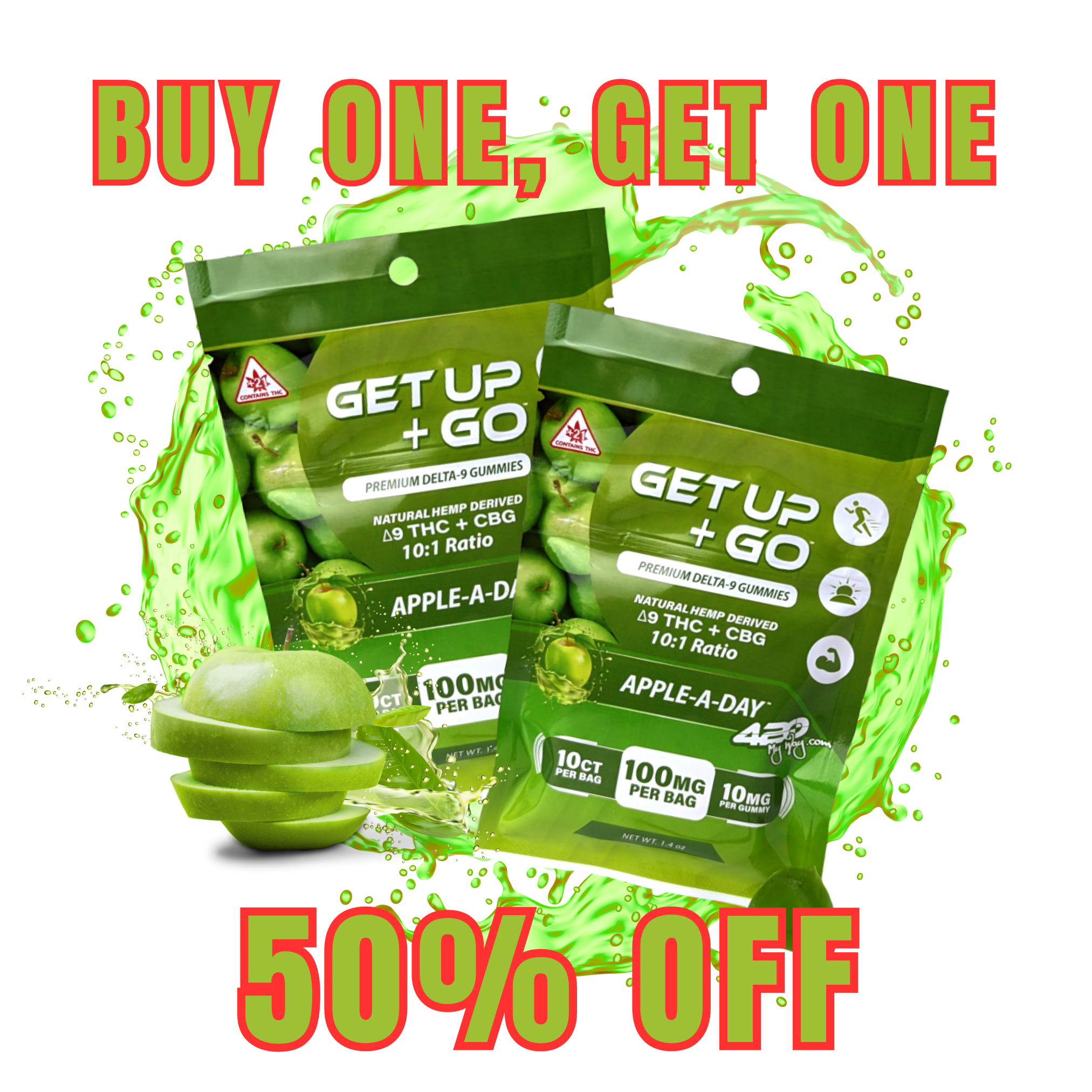 BOGO - BUNDLE | Get Up + Go • Apple-A-Day | 420 My Way, DELTA-9 THC + CBG Gummy