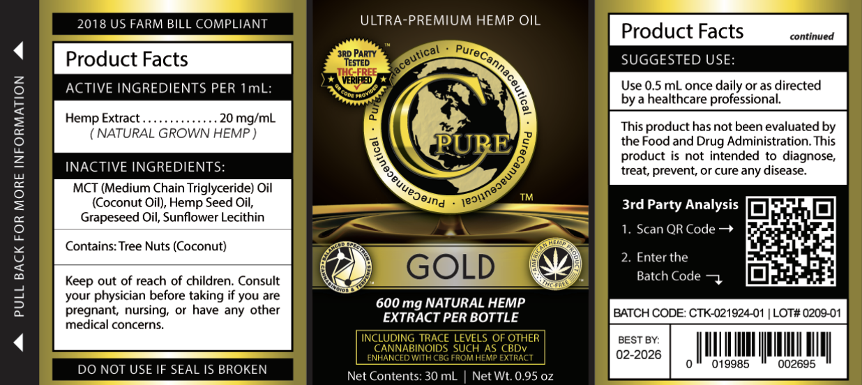 PCRX™ GOLD Hemp Oil Tincture, 30mL 20mg/mL