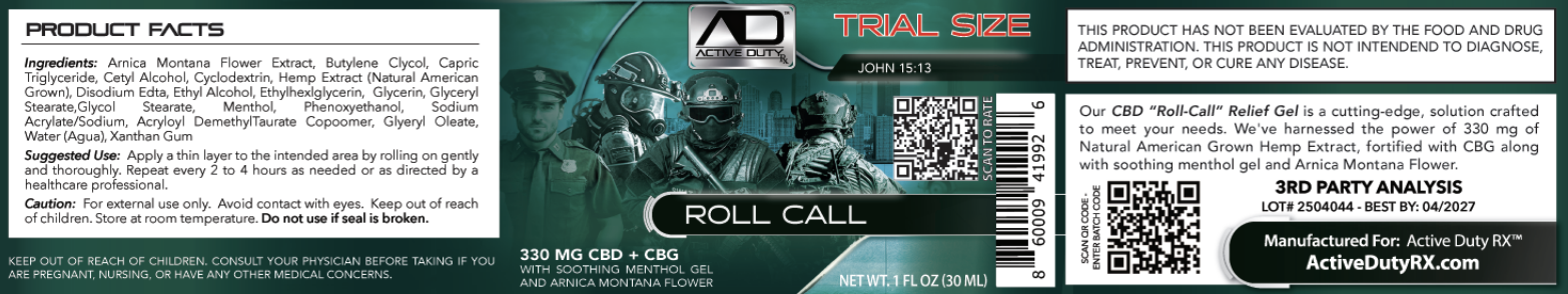 Active Duty RX™ Mentholated Roll-On Gel 330mg CBD + CBG, 30 mL