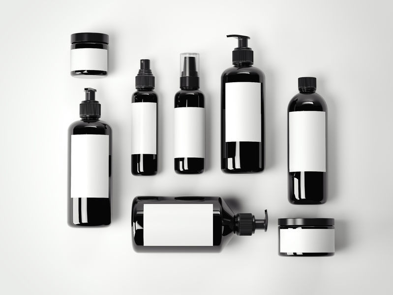 black bottles with white labels