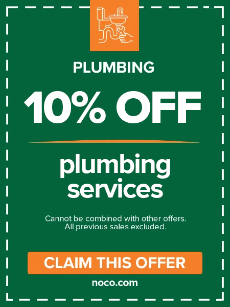 Green coupon for 10 off plumbing services with a button to claim the offer at noco.com.