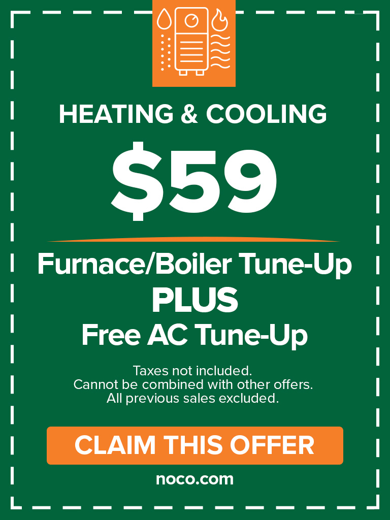 Green ad offering 59 furnace or boiler tune-up plus free AC tune-up; claim offer at noco.com.