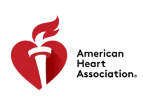 Red heart with white torch and flame, American Heart Association logo on transparent background.