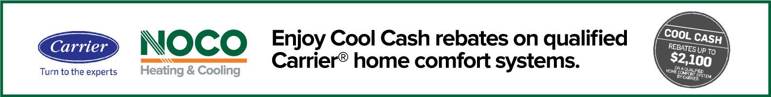Banner promoting Carrier and NOCO rebates up to 2,100 on Carrier home comfort systems.