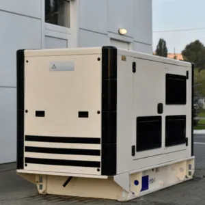 A large white industrial generator sits outside a modern building.