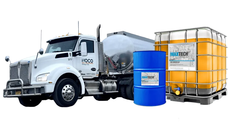 A white delivery truck, a blue barrel, and a large yellow chemical container are shown together.