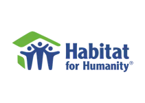 Habitat for Humanity logo with blue family figures and a green roof over them.