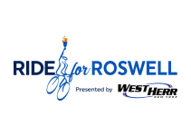Ride for Roswell logo with a blue bicycle and orange flame as part of the design.