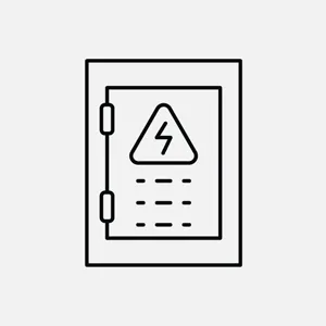 Line drawing of an electrical panel door with a lightning bolt warning sign on the front.