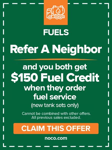 Green ad offering 150 fuel credit for referring a neighbor to order fuel service; orange button.