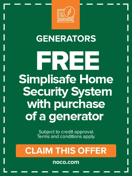 Ad offering free SimpliSafe Home Security System with generator purchase, plus claim button.