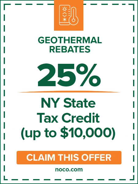 Geothermal rebates: 25 NY State tax credit up to 10,000. Claim this offer.