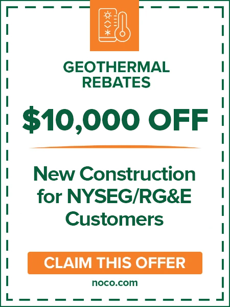 Geothermal rebates: 10,000 off new construction for NYSEG/RGE customers, claim offer.