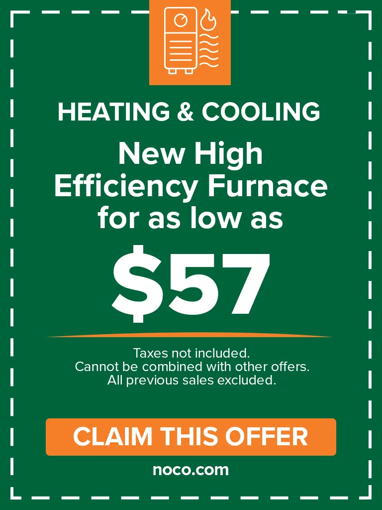 Ad for a new high efficiency furnace for 57; includes heating, cooling, and offer details.
