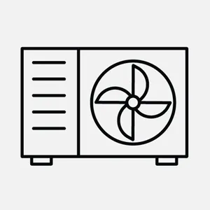 Line drawing of an air conditioner outdoor unit with a visible fan and vent on a white background.