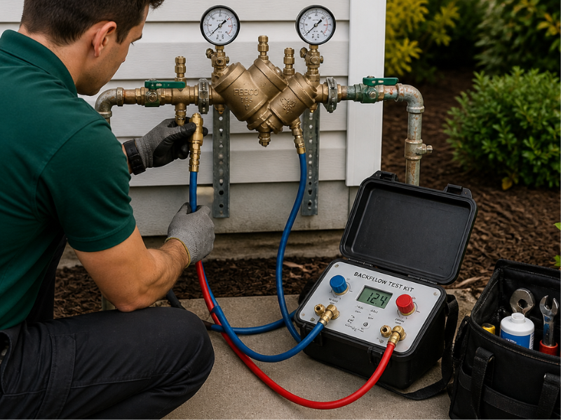 NOCO technician performing backflow testing and repair