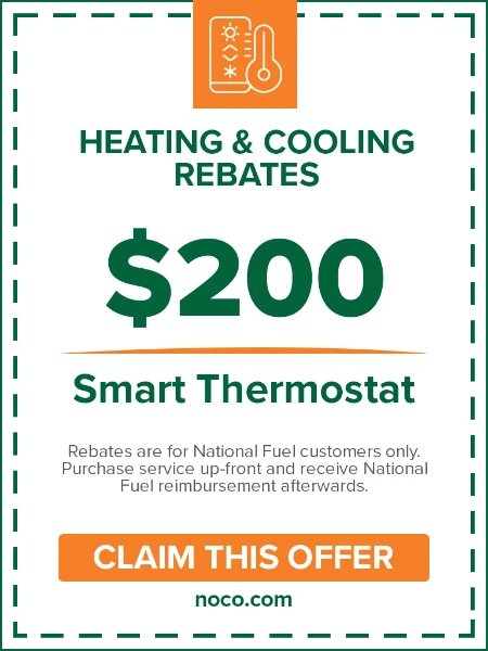 Ad for 200 heating and cooling rebate on a smart thermostat; button says Claim This Offer.