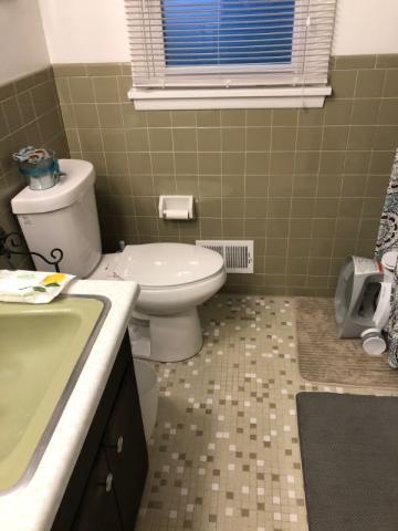 outdated green bathroom before renovation