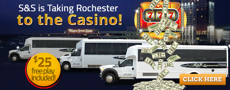 Bus trip promo to casino with $25 free play; buses and casino image in background.