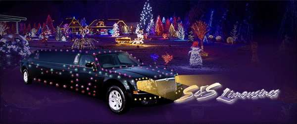 A limousine decorated with festive lights in a colorful, illuminated winter scene.