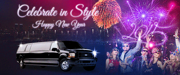 Limo and people celebrating the New Year with fireworks and city skyline backdrop.