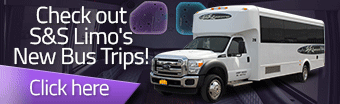 Ad for S&S Limos new bus trips featuring a white limo bus.