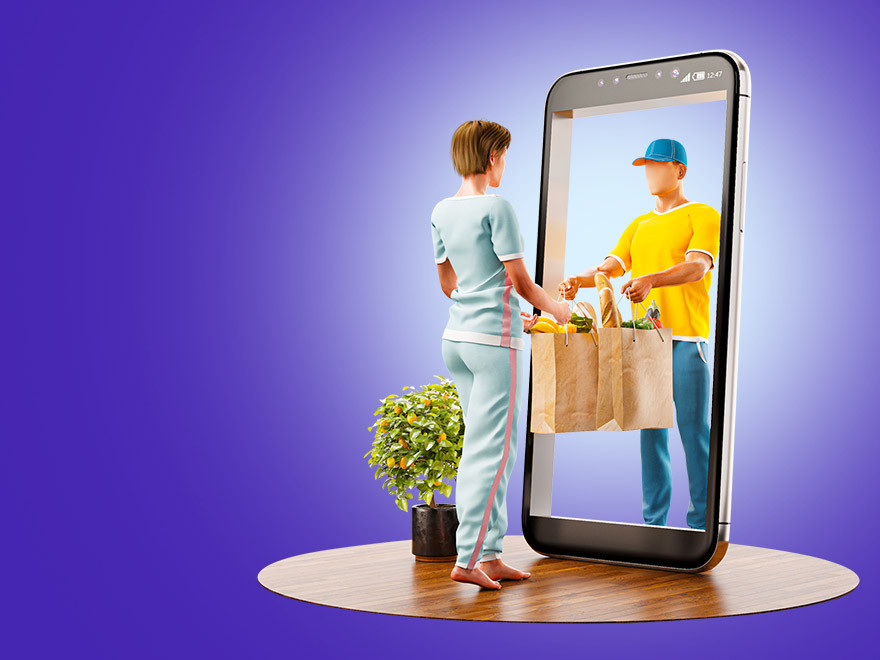 food delivery animated graphic with a purple background