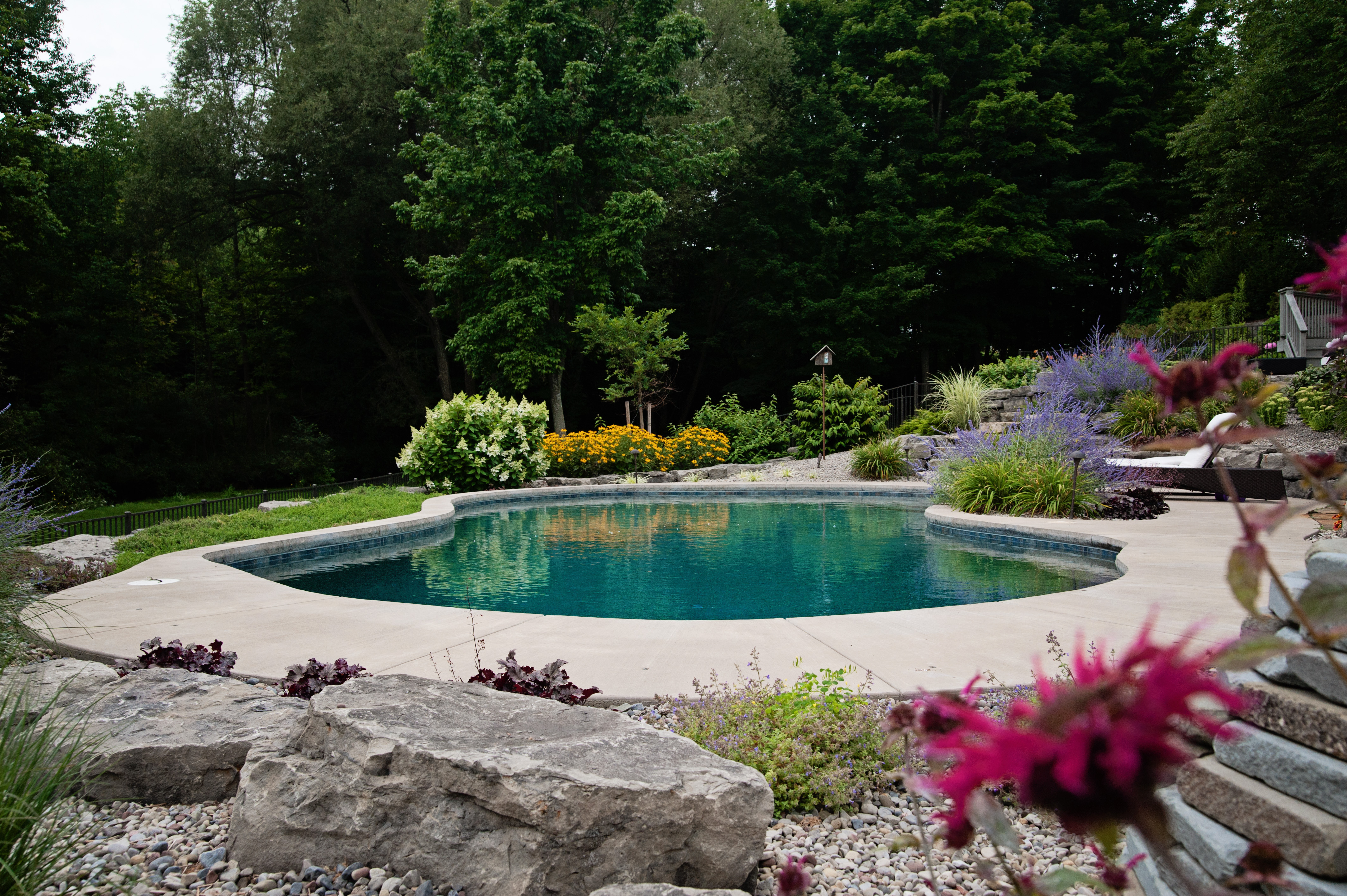 calm teal pool surrounded by custom landscaping