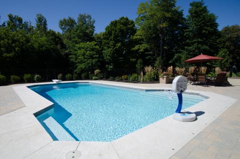 rectangular swimming pool surrounded by trees and patio area
