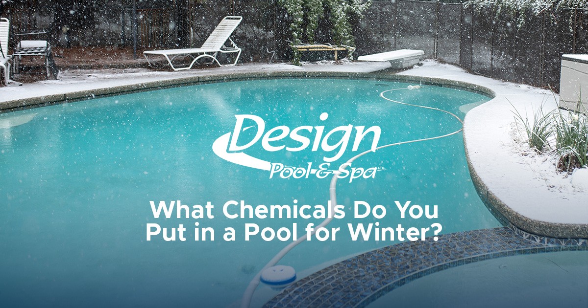 Snow falls on an outdoor pool and patio with text asking about winter pool chemicals.