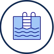 Icon of a swimming pool with a ladder and water waves, enclosed in a dark blue circle.