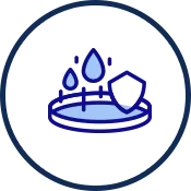 Icon of water droplets above a shallow dish, all enclosed in a dark blue circle.