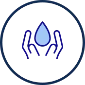Two hands holding a blue water droplet, enclosed in a dark blue circle on a white background.