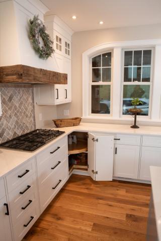 white cabinets with wood trim