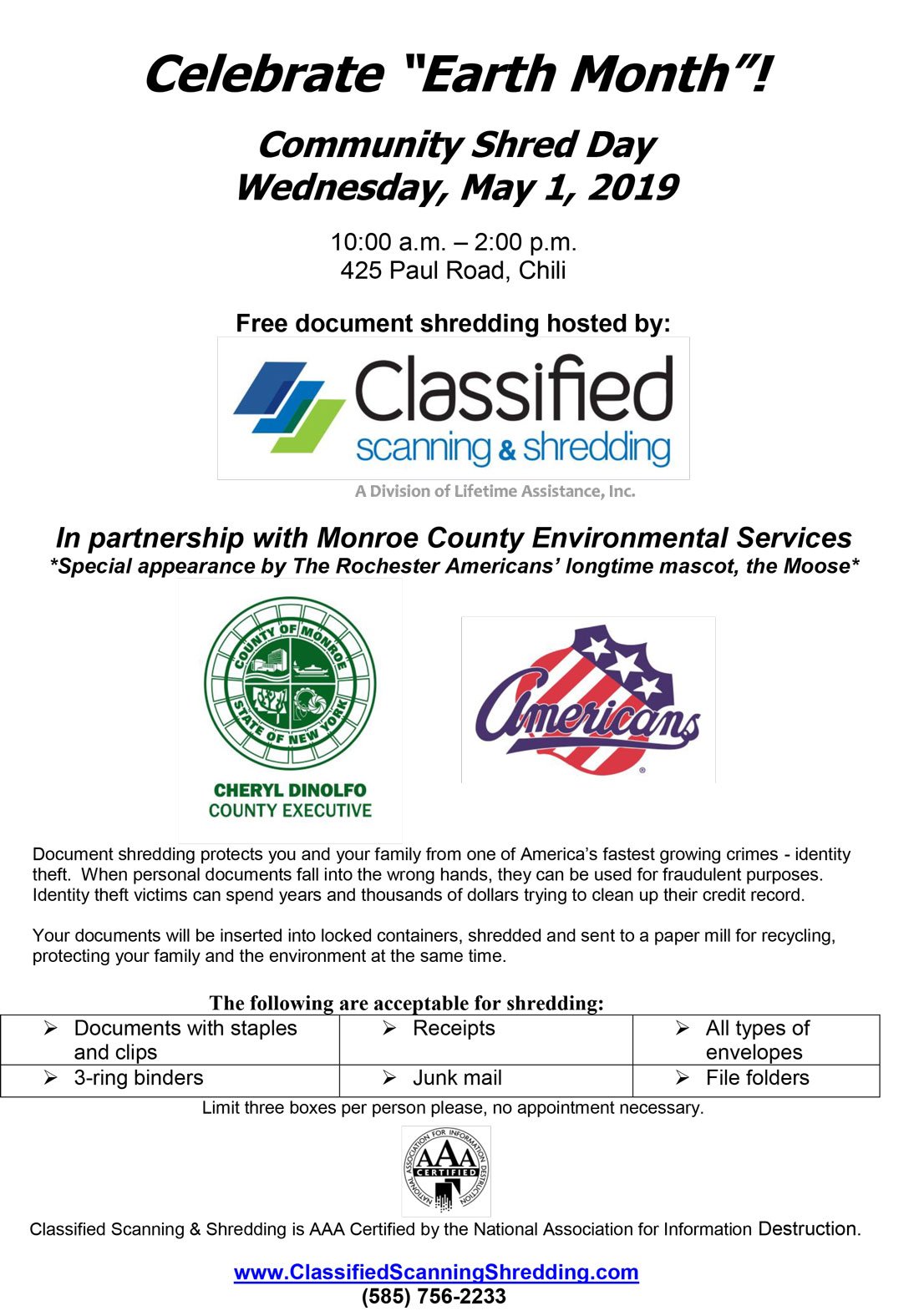 Free Community Shred Day on Wednesday, May 1, 2019