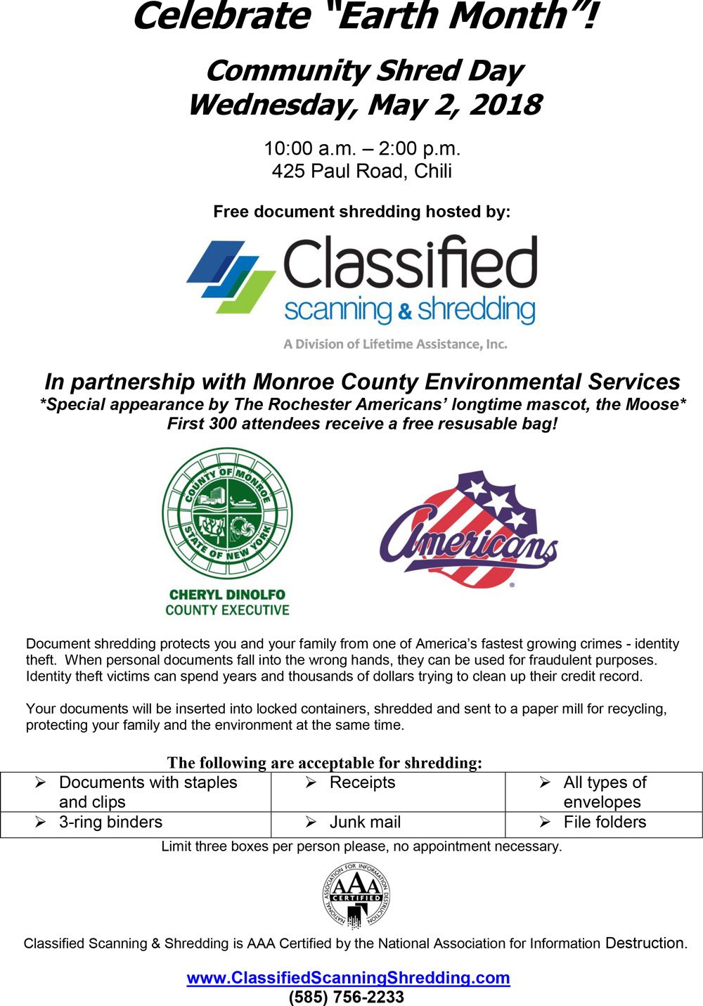 Free Community Shred Day on Wednesday, May 2, 2018