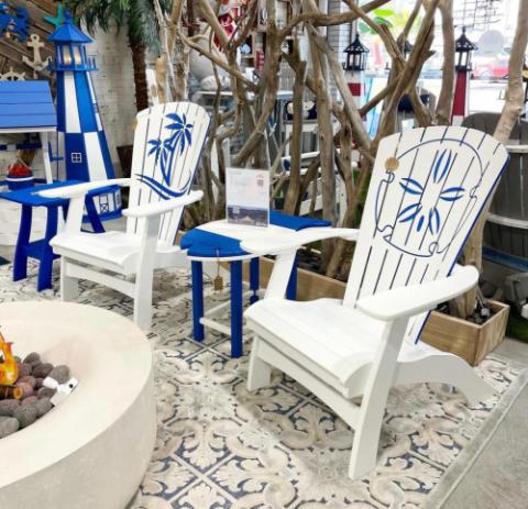 white and blue adirondack chair and table set