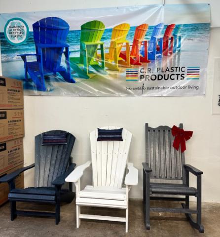 three adirondack chairs