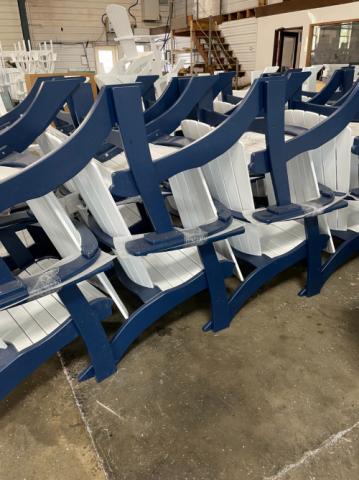 blue adirondack chairs stacked