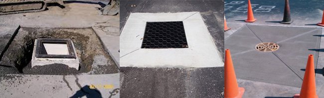 Three images of a catch basin being repaired to show the final product.